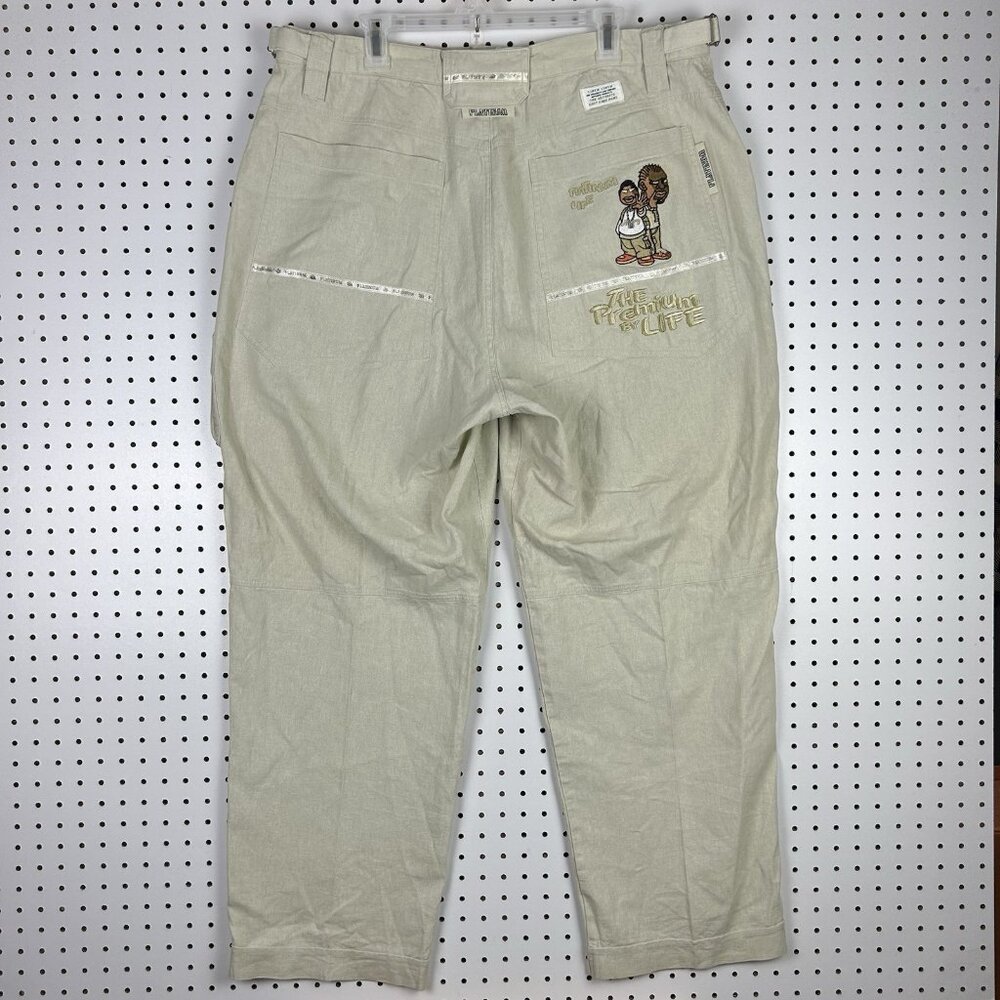 Hip Hop History 90s Linen Cargo‎ Pants XL 40x30 Stitched Logo Cream Ghetto Baggy